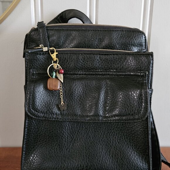 Brown Stone Beaded Keychain with Gold Leaf and Black Butterfly Charms - Picture 3 of 7